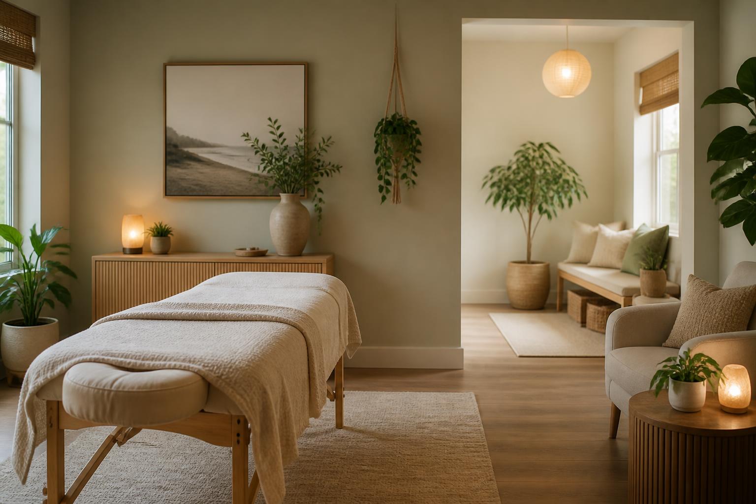 Wide view of a calm modern family wellness studio interior