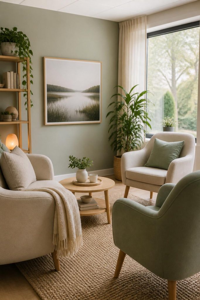 Inviting wellness consultation room with soft seating and calm lighting
