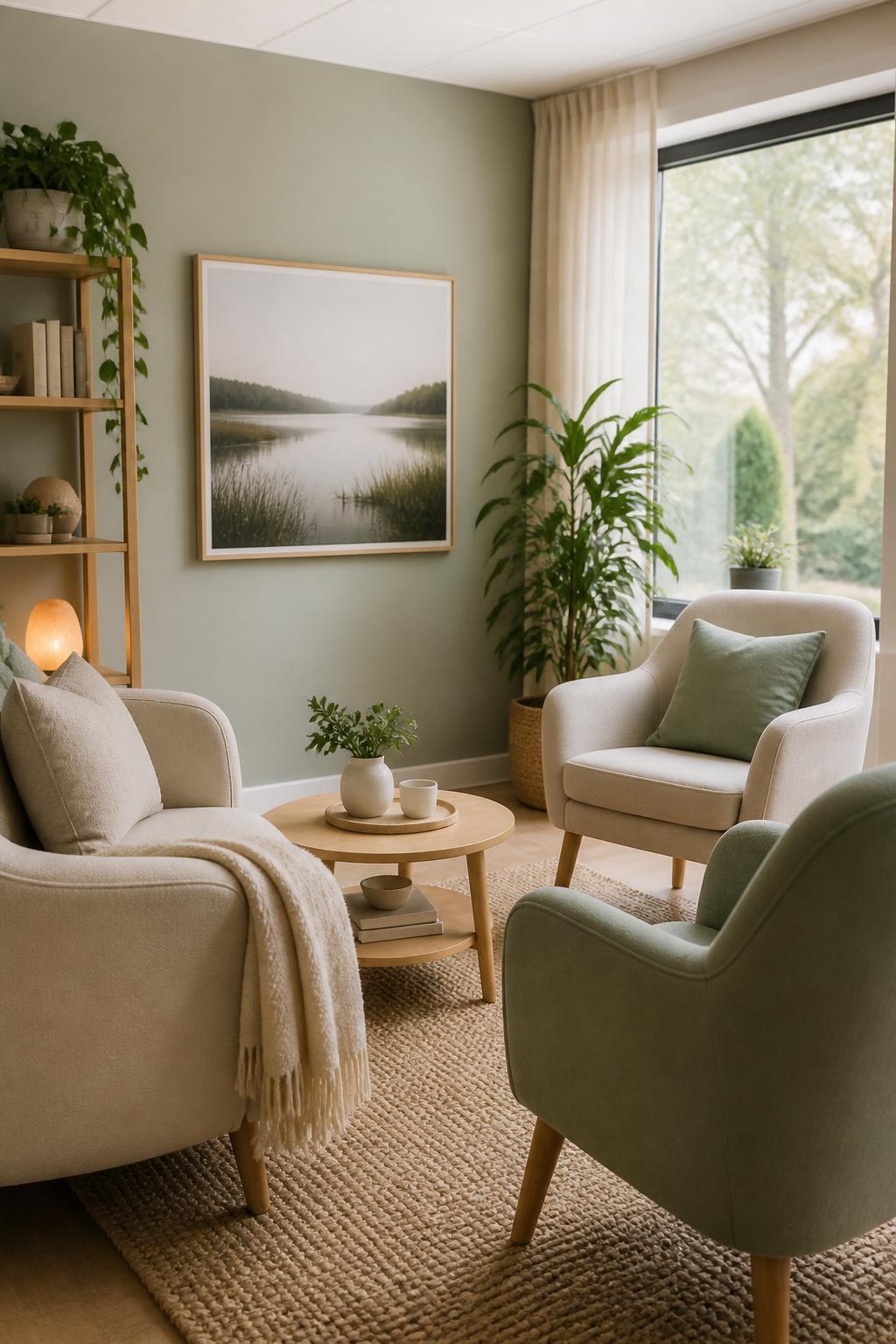 Inviting wellness consultation room with soft seating and calm lighting