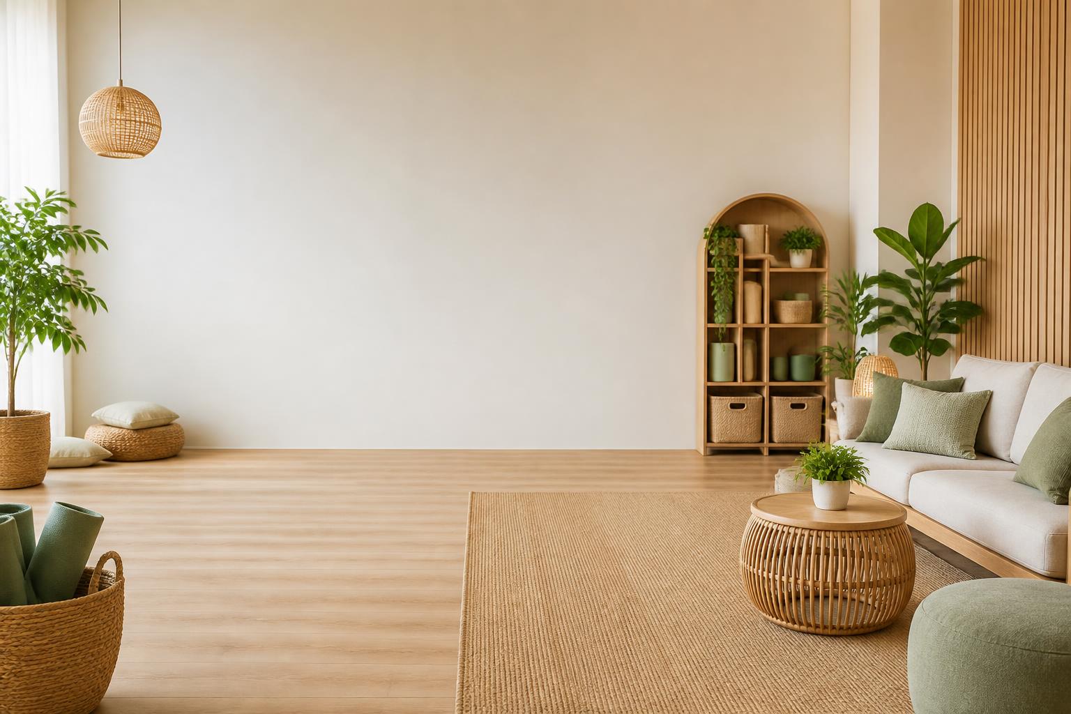 Bright peaceful wellness lounge with open space for text
