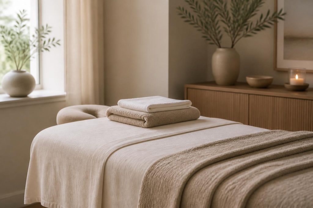 Close-up of a neatly arranged treatment table with soft linens